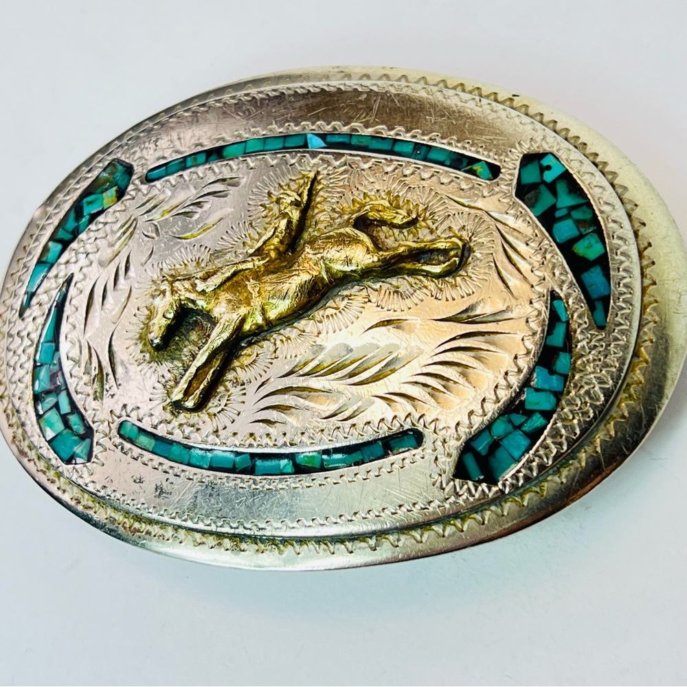 Vintage Native Turquoise Inlay Nickel Silver Bucking Bronco Belt Buckle Western